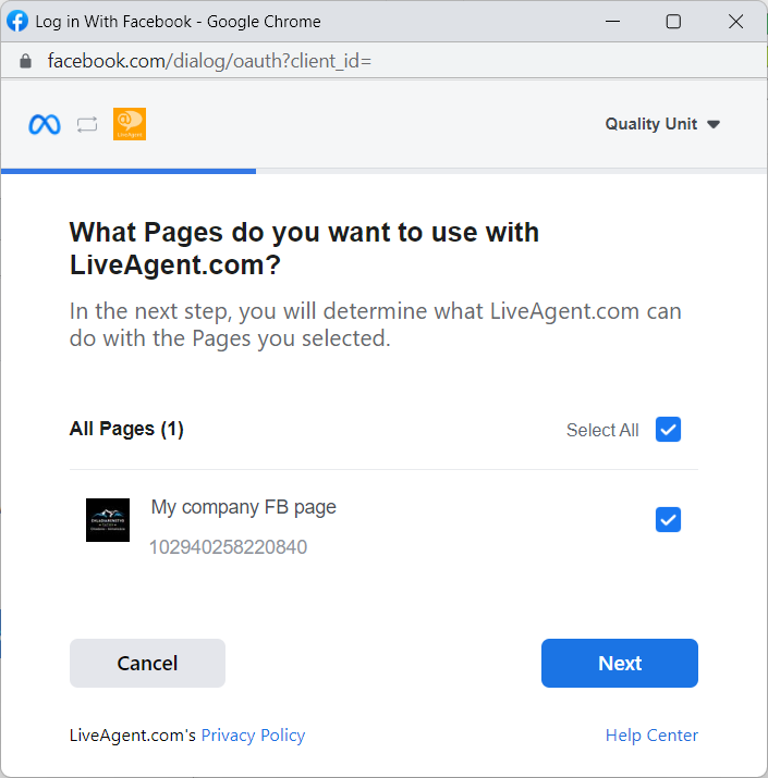 Popup-vindu som lar deg velge hvilke Facebook-sider du vil integrere med LiveAgent