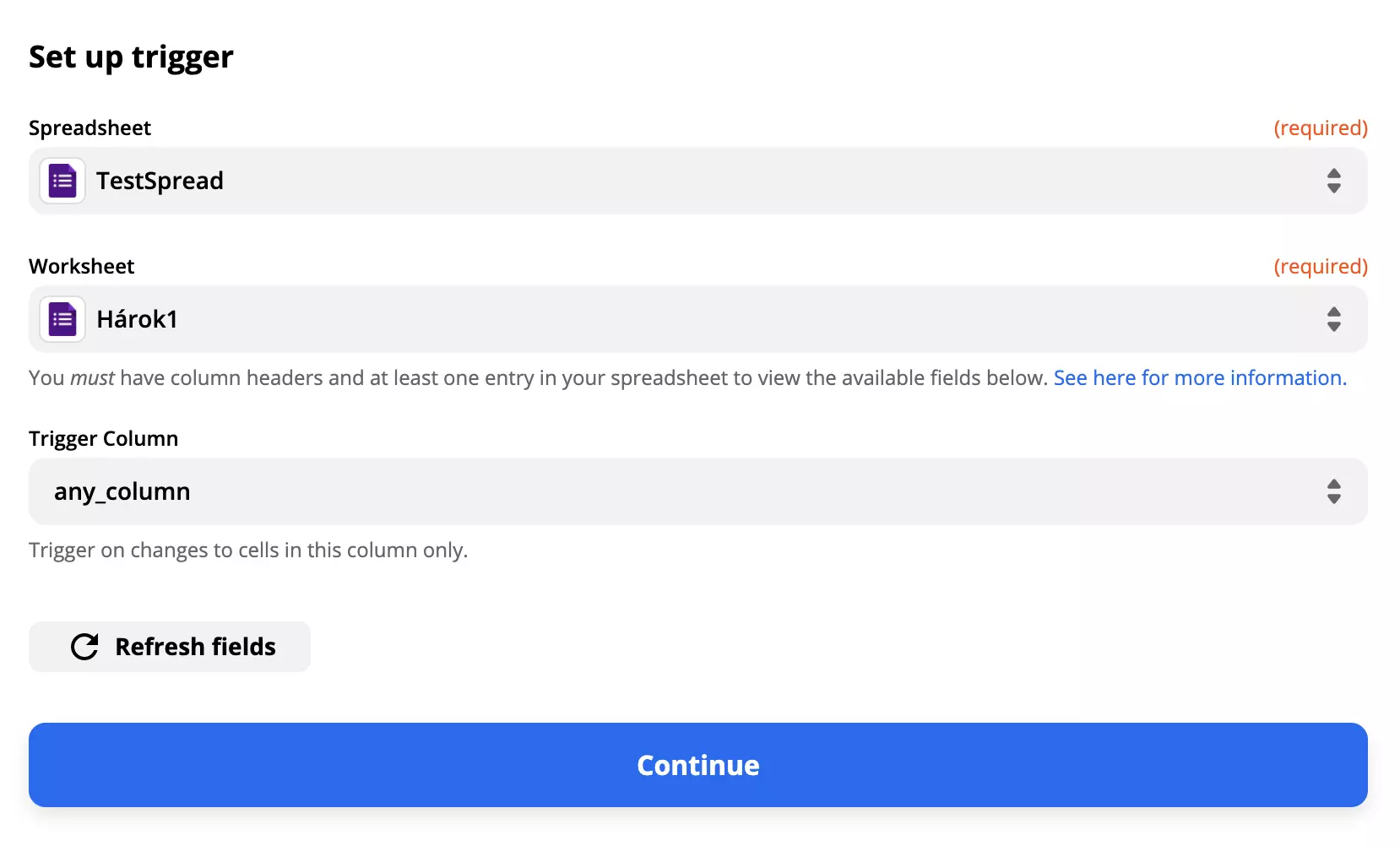 Eksempel på Google Forms-utløseroppsetup med utfylte felt