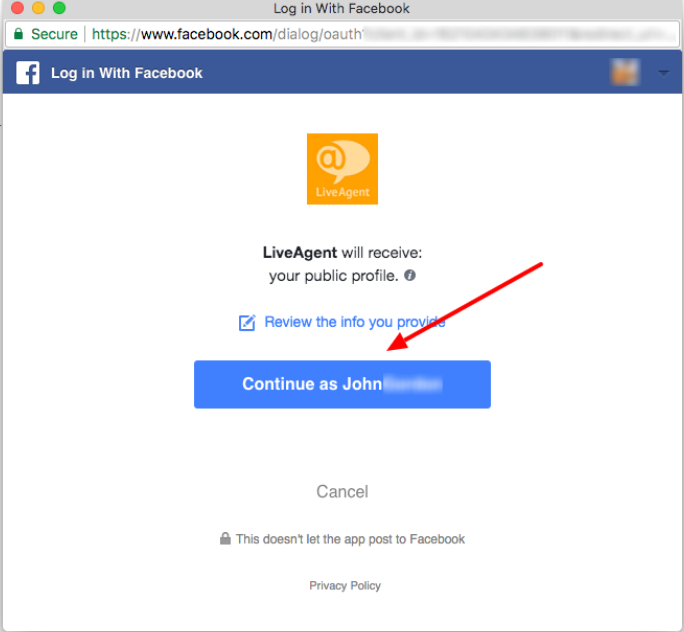 Logging into your Facebook account through LiveAgent as a part of the integration process