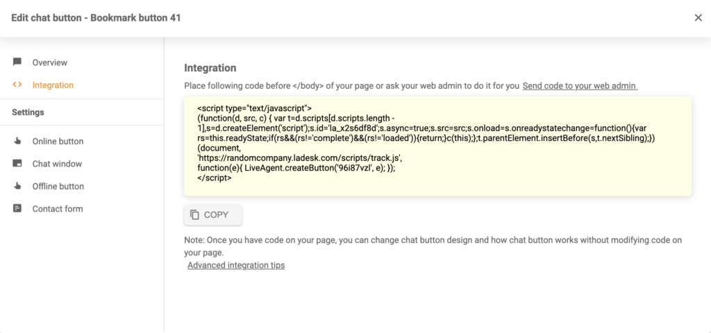 Generert chat-knappintegrasjonskode i LiveAgent