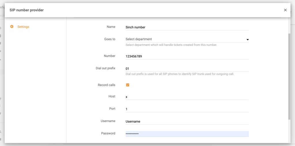 Konfigurasjon av Sinch-nummer i LiveAgent