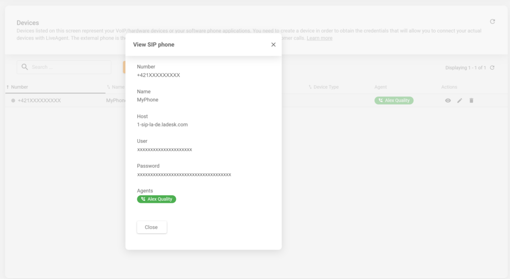 Detaljer om en nyopprettet SIP-telefon i LiveAgent-konfigurasjonen