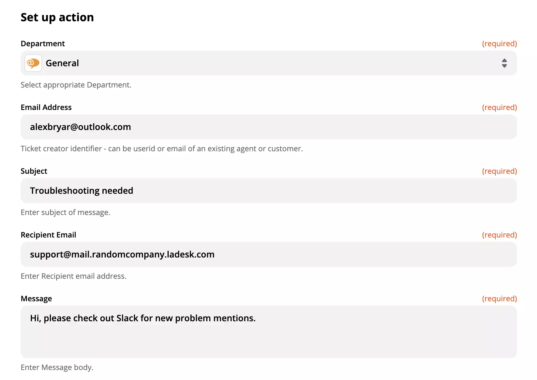 Utfylt LiveAgent-handlingskonfigurasjon