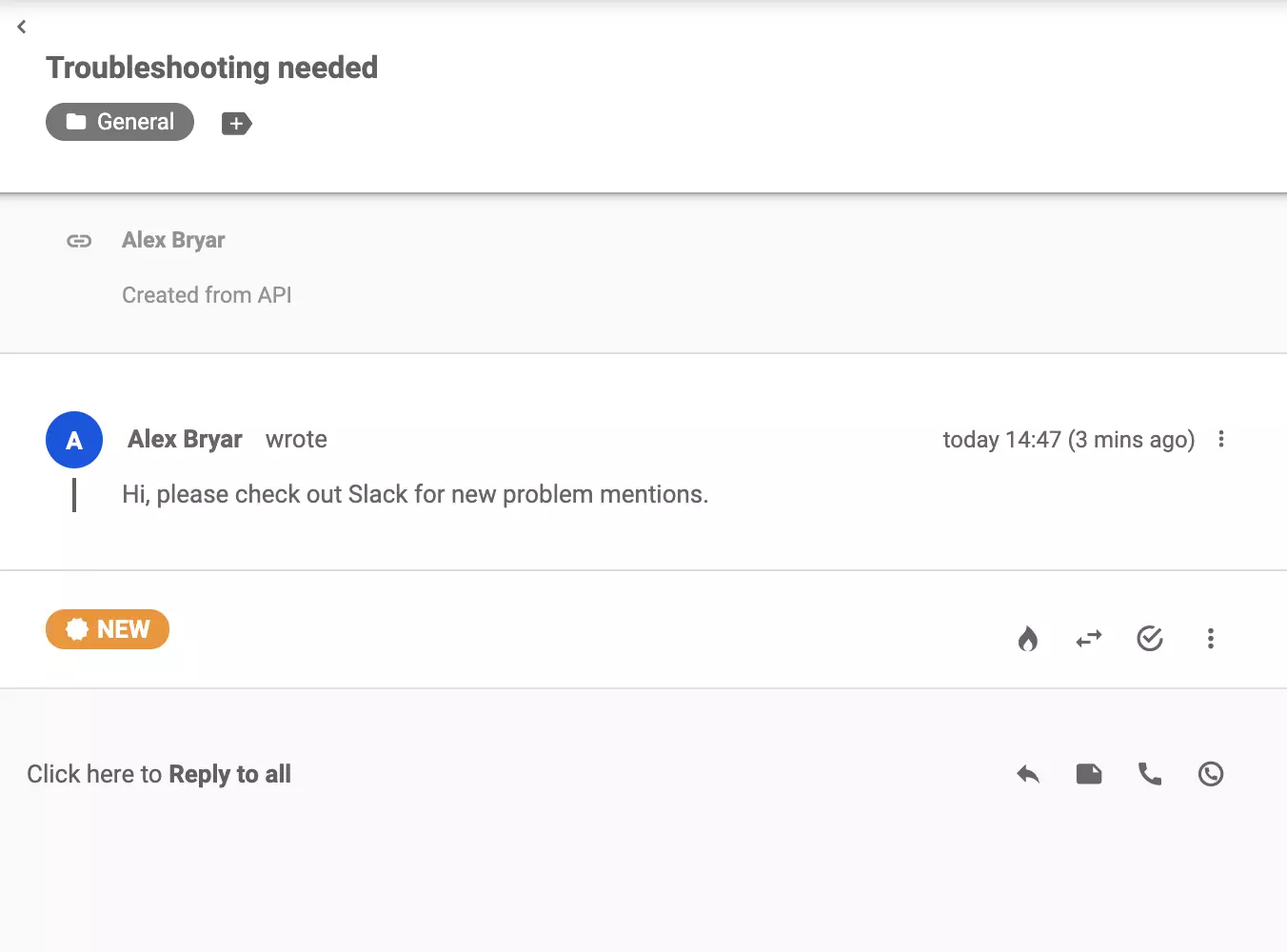En billett sendt til LiveAgent etter at et nøkkelord dukket opp i Slack