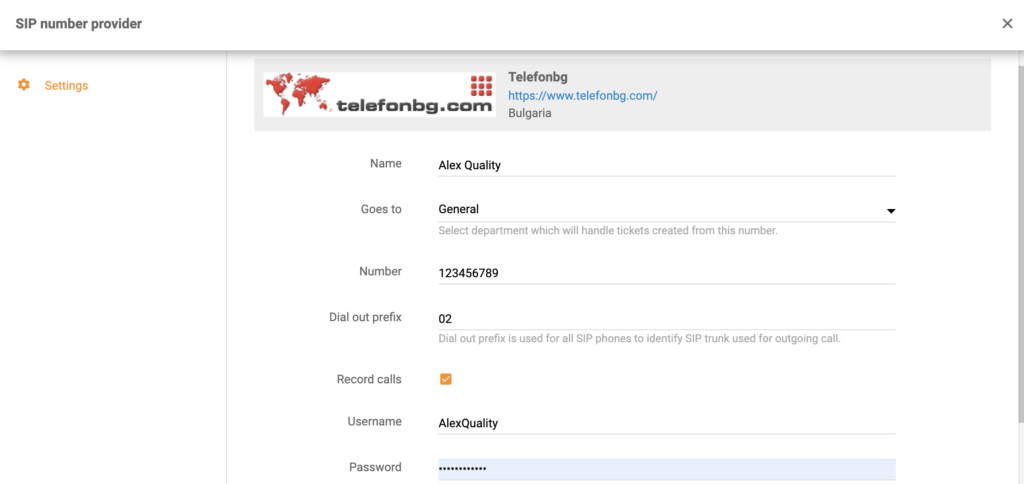 TelefonBG-oppsett når du legger til et nytt anropssentralnummer i LiveAgent