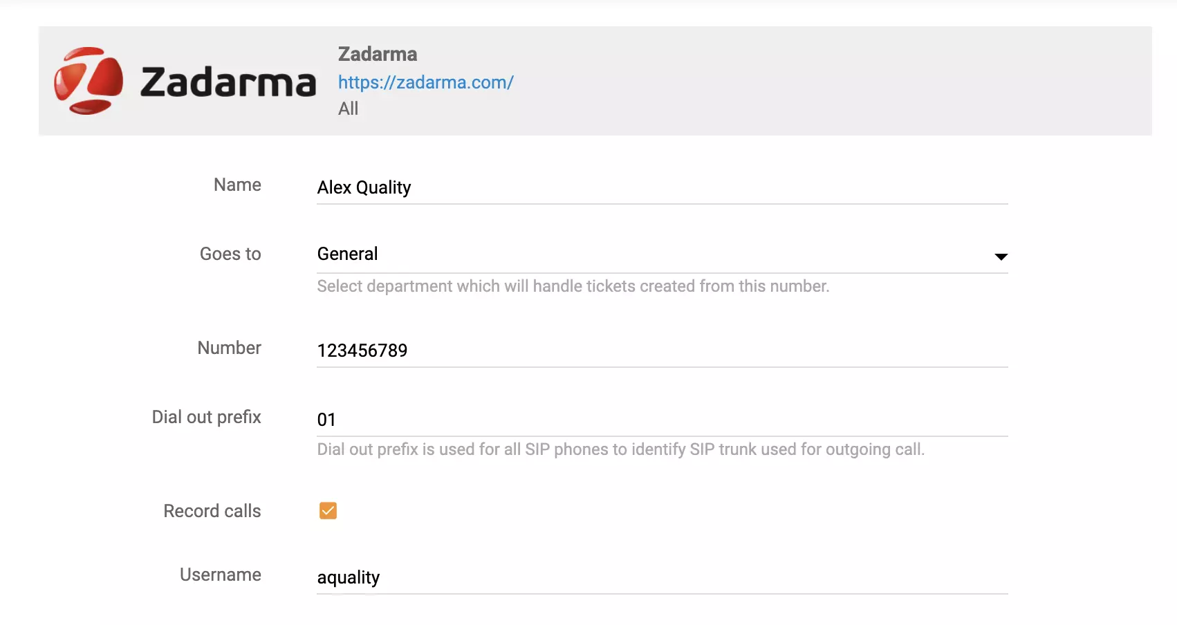 Zadarma call setup options in LiveAgent