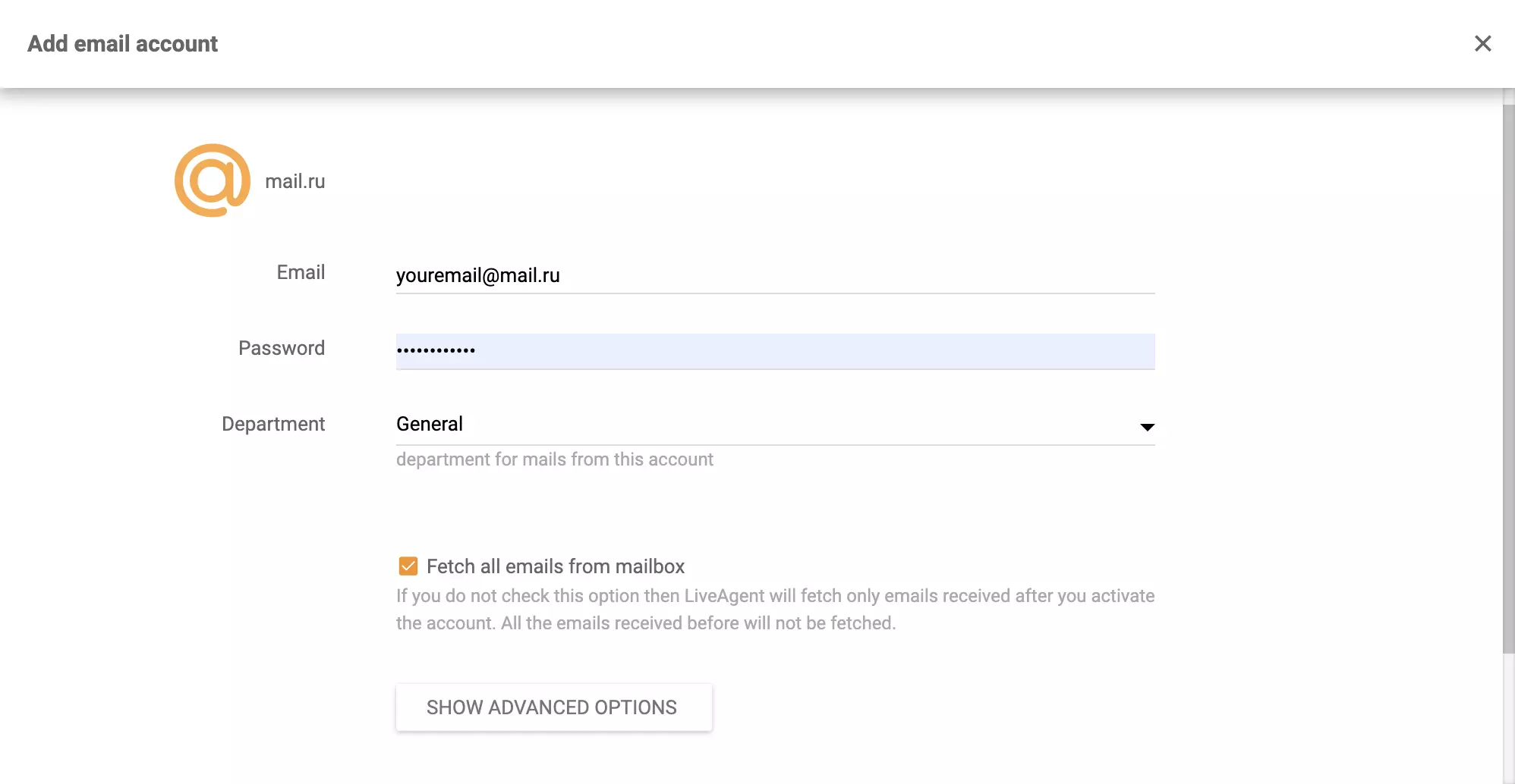 Mail.ru-konfigurasjon i LiveAgent