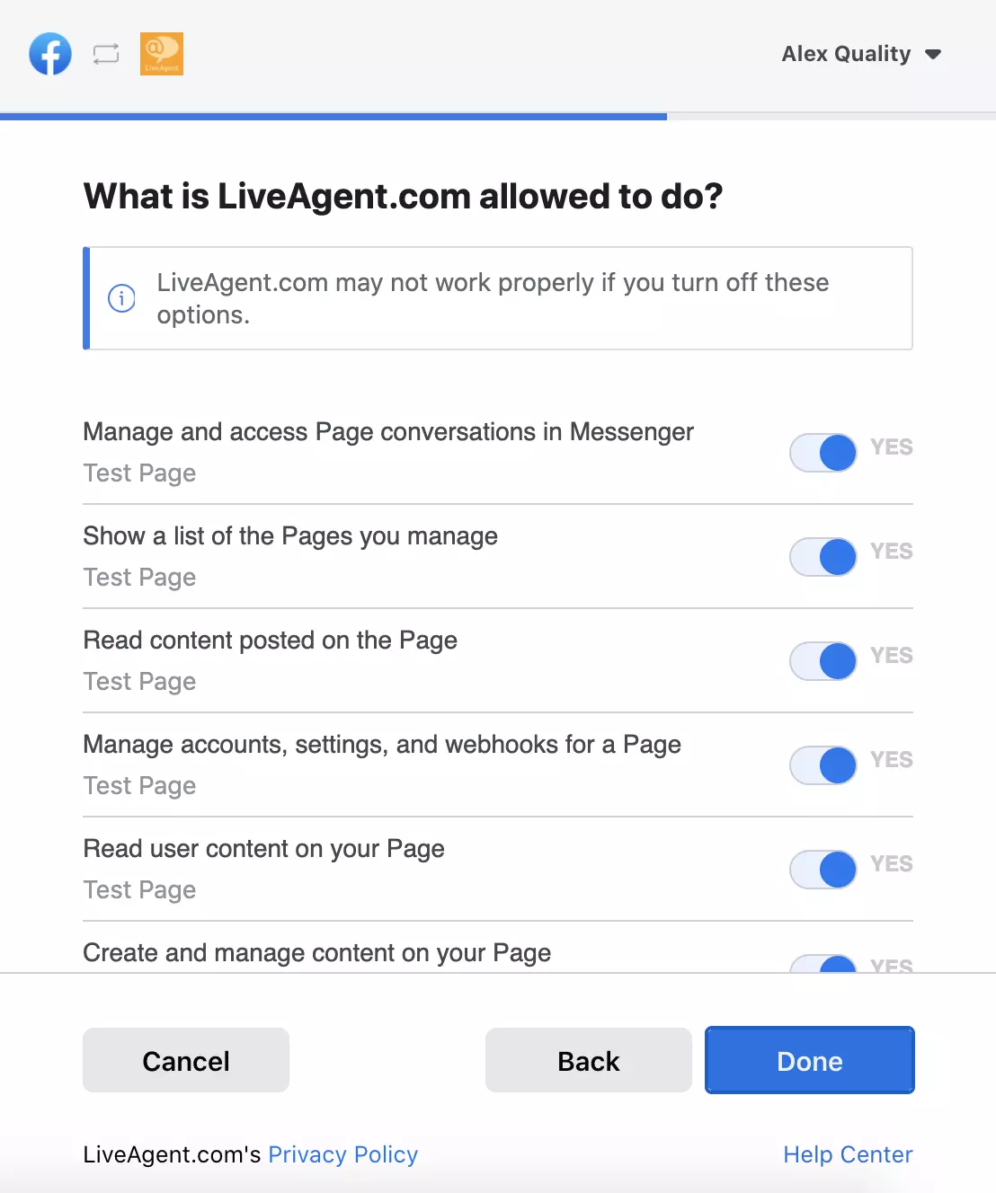 Liste over tillatelser som viser hvilke data som kan nås av LiveAgent