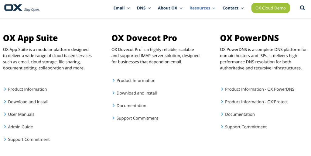 Open-Xchange nettside med nedlastingsalternativer og guider