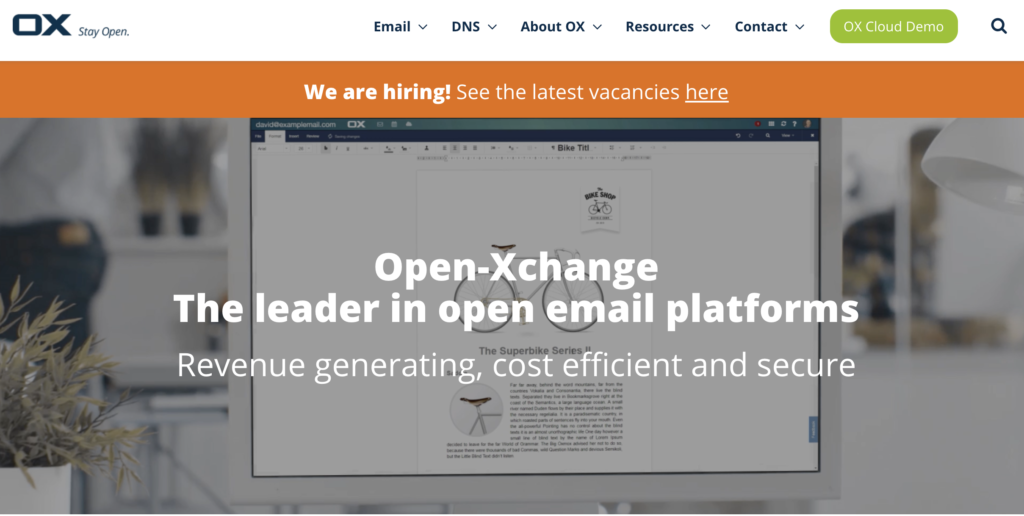 Open-Xchange hjemmeside med fordeler