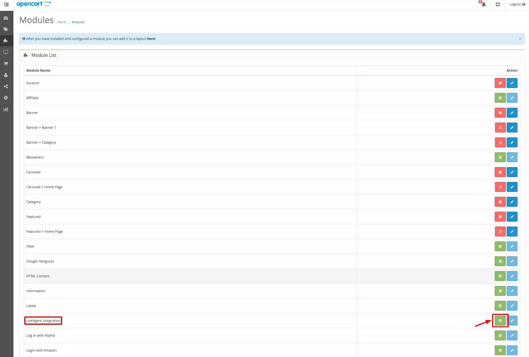 OpenCart LiveAgent-integrasjon - Modules-seksjon