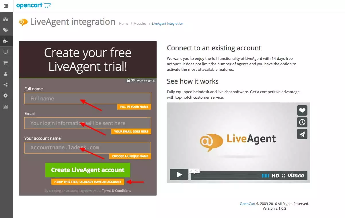 OpenCart LiveAgent-integrasjon - Skriv inn legitimasjoner
