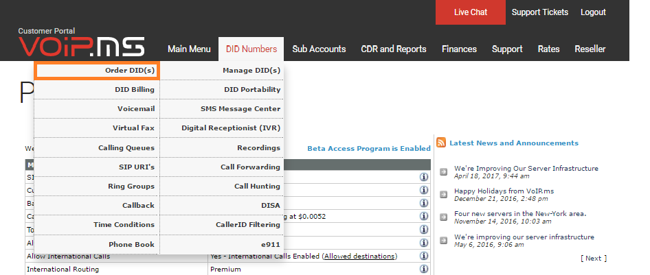 DID-nummerseksjon i VoIP.ms