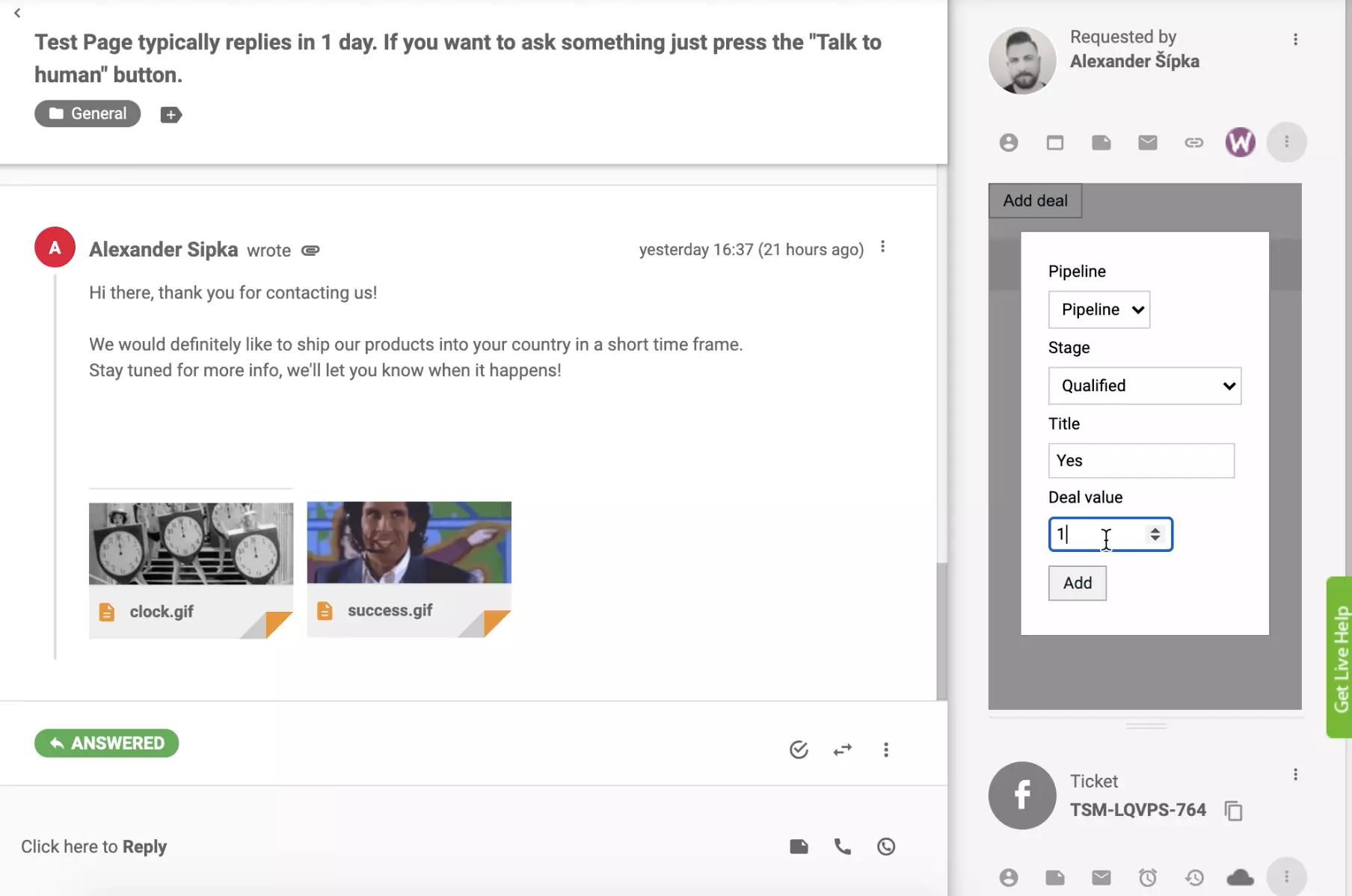 Legg til en avtale med PipeDrive CRM-integrasjon i LiveAgent-billettvisningen