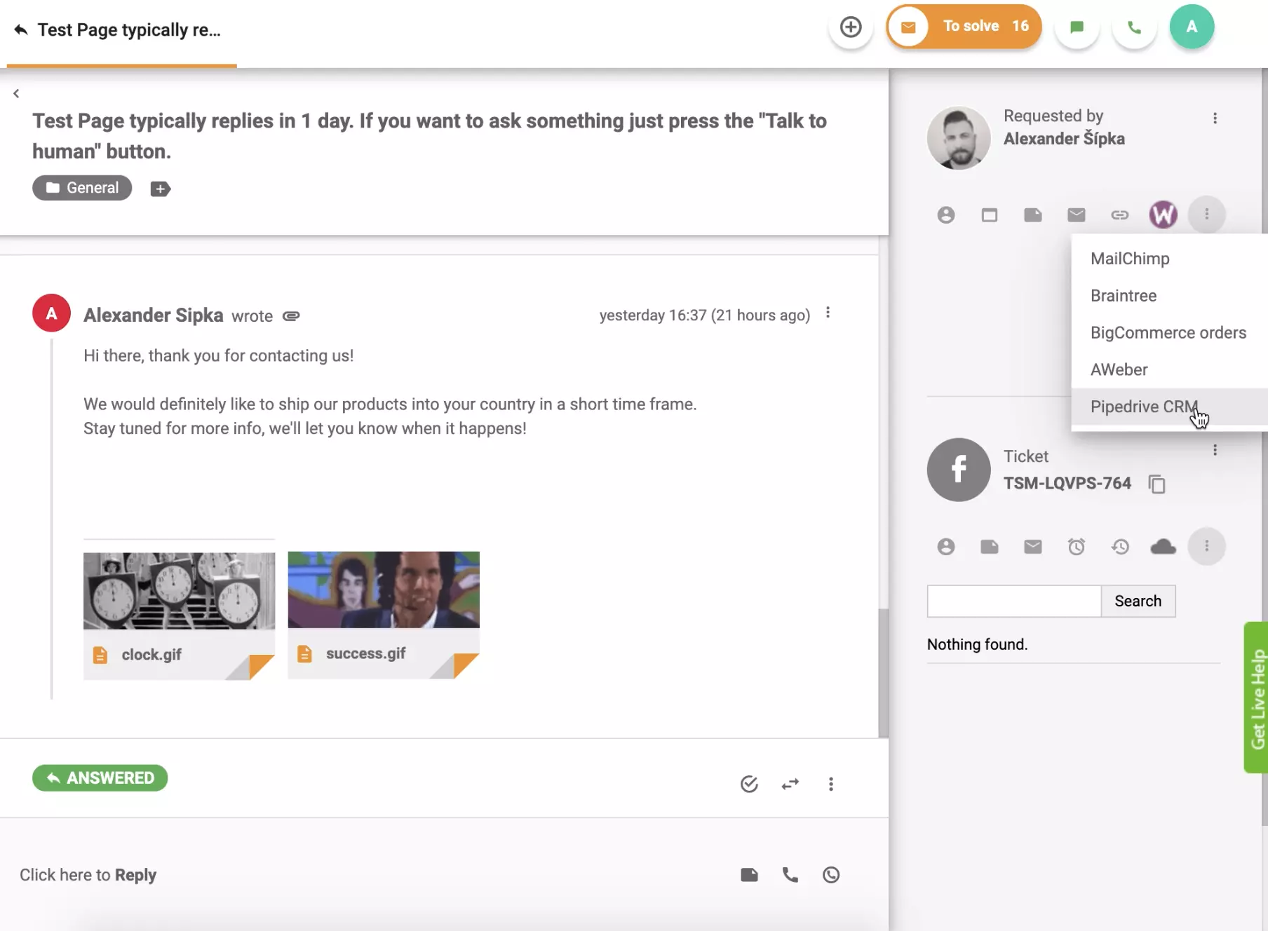 PipeDrive CRM er aktiv i LiveAgent-billettvisningen