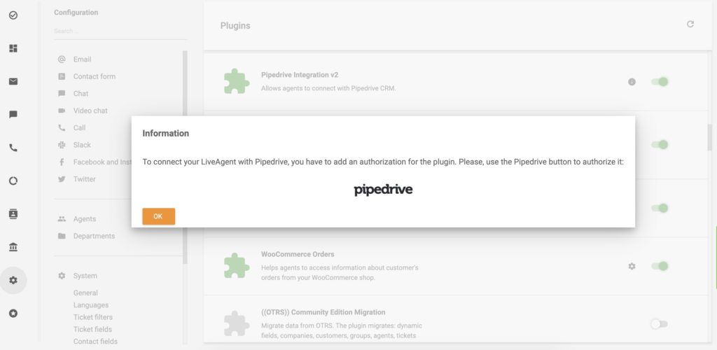 Klikk på PipeDrive-logoen for å fortsette med PipeDrive-integrasjonen for LiveAgent