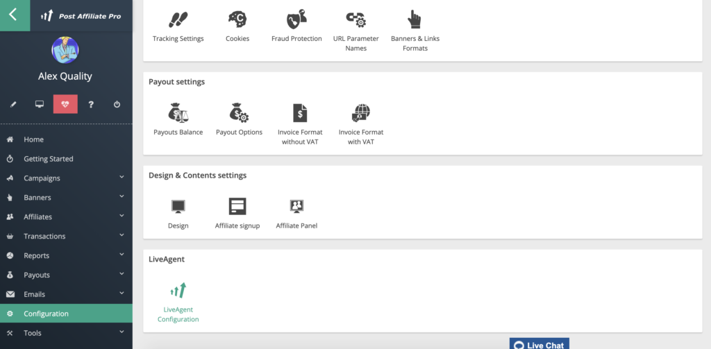 LiveAgent-konfigurasjon i Post Affiliate Pro
