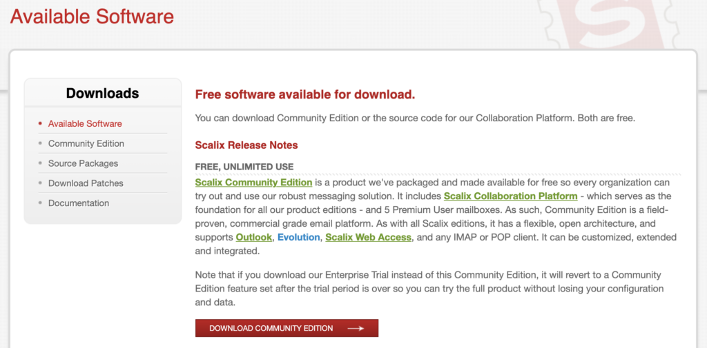 Scalix-nettsted med tilgjengelige nedlastinger og utgaveinformasjon