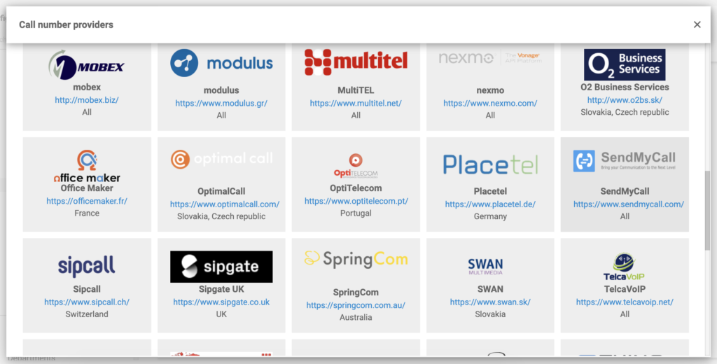 SendMyCall i listen over VoIP-leverandører i LiveAgent-konfigurasjonen