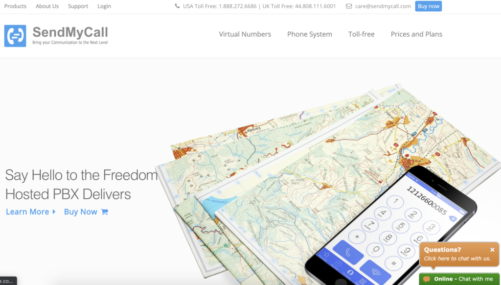 SendMyCall-hjemmeside med Kjøp nå-knapp i øvre høyre hjørne