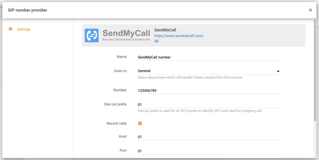 SendMyCall-nummerkonfigurasjonen i LiveAgent