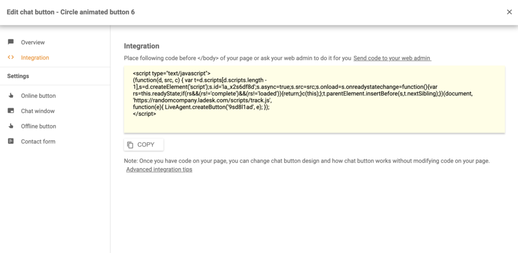 Silverstripe chatteknapp-integrasjonskode i LiveAgent