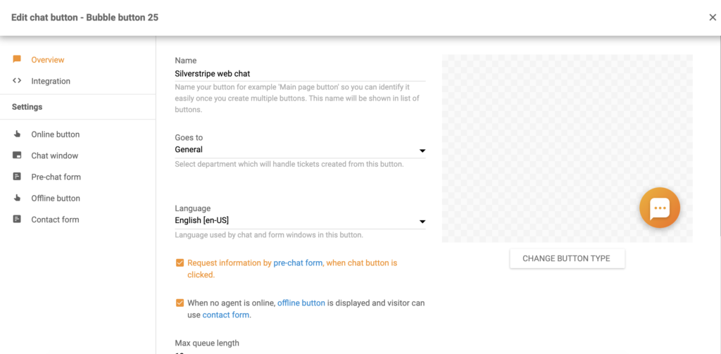 Silverstripe chatteknapp-konfigurasjon i LiveAgent