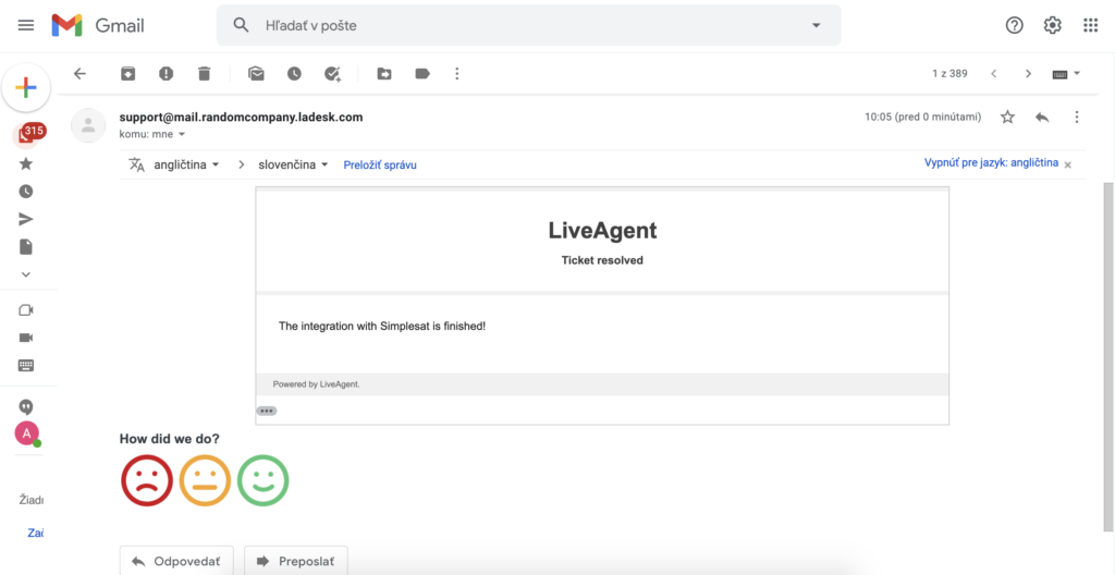 LiveAgent-melding med Simplesat-tilbakemelding i Gmail-innboksen