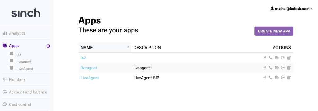 Sinch-innstillinger med mulighet for å opprette en ny app
