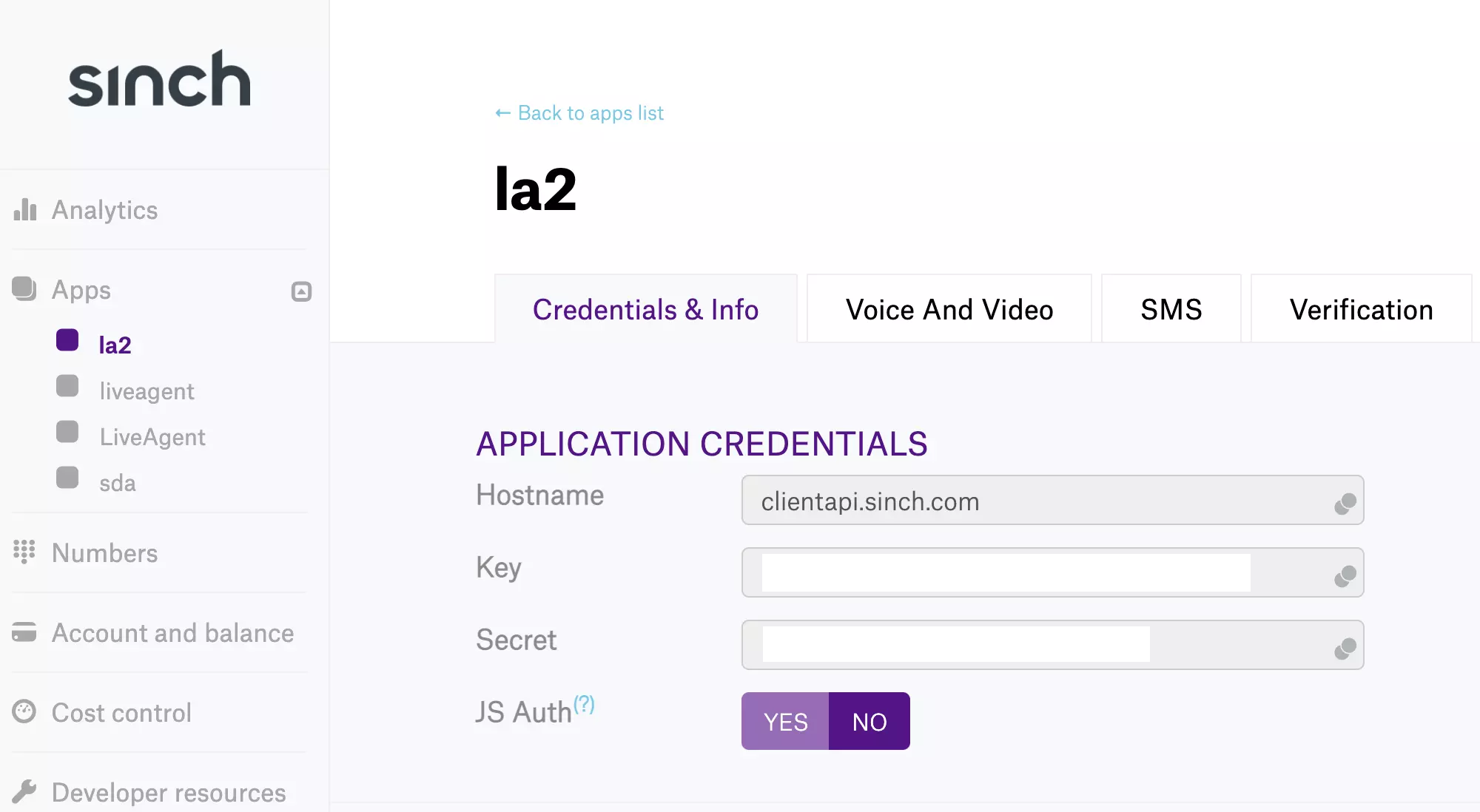 Sinch app Key og Secret i andre app