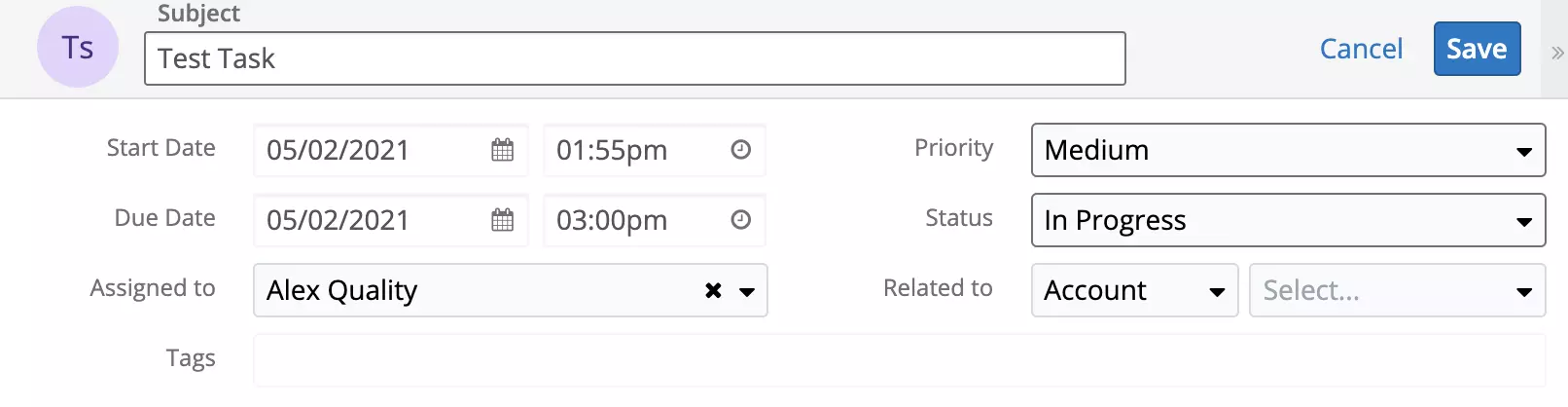 Ny oppgave er opprettet i SugarCRM