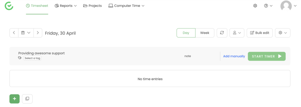 TimeCamp prosjektvalg med start timer