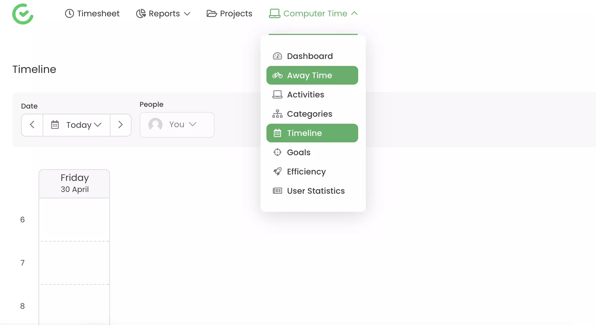 Sporingsmuligheter som bortetid og tidslinje synlig i TimeCamp