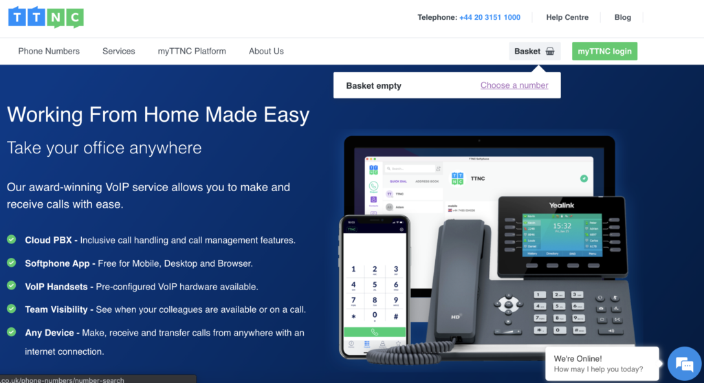 TTNC-nettsted med handlekurv og velg et nummertilvalg i øvre høyre hjørne