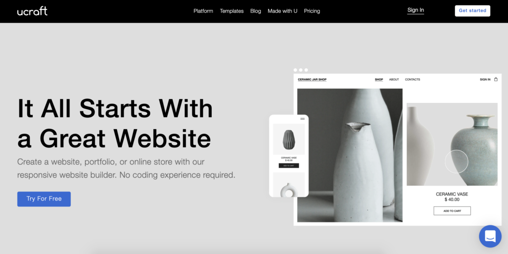 Ucraft-hjemmeside med Get Started-knapp øverst til høyre