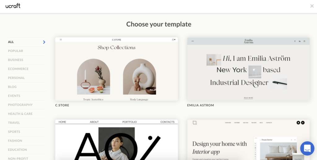 Ucraft-malvalgsside med flere malalternativer