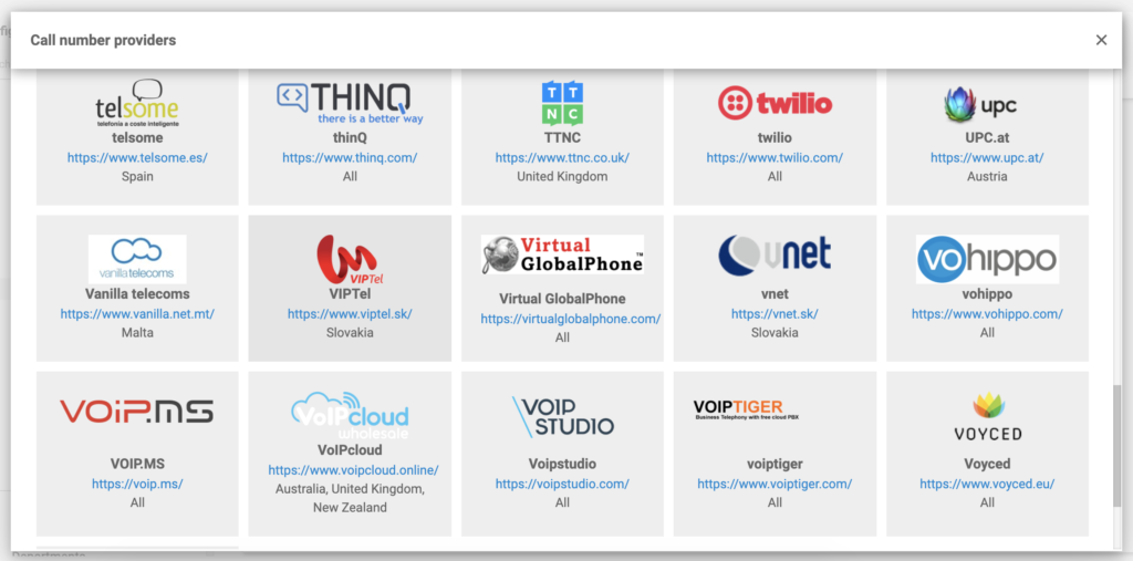 VoIPcloud i listen over VoIP-leverandører