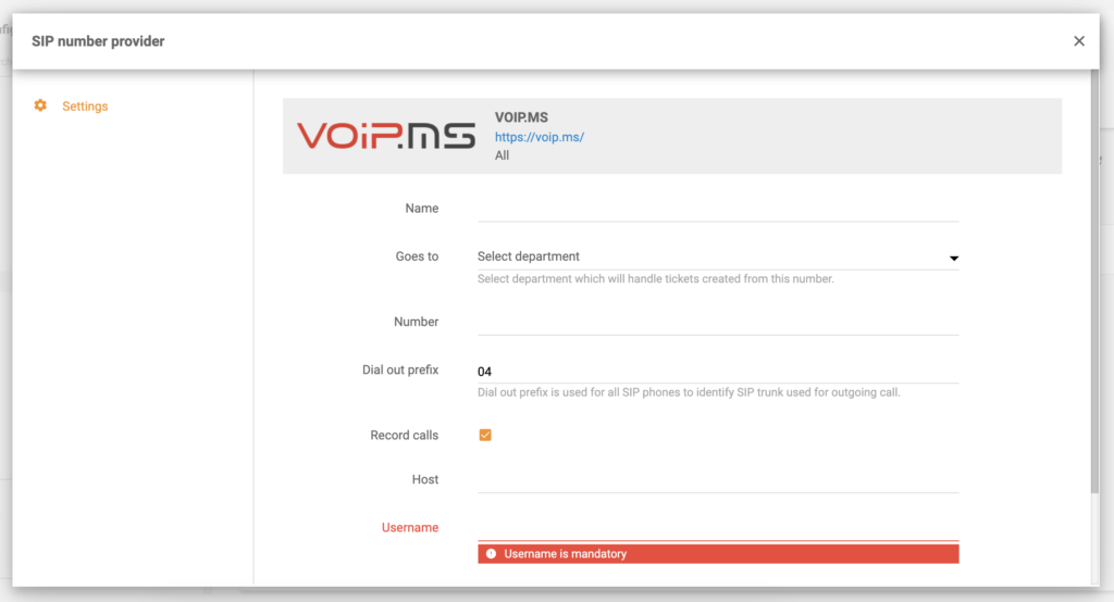 VoIP.ms-konfigurasjon i LiveAgent-anropsinnstillinger
