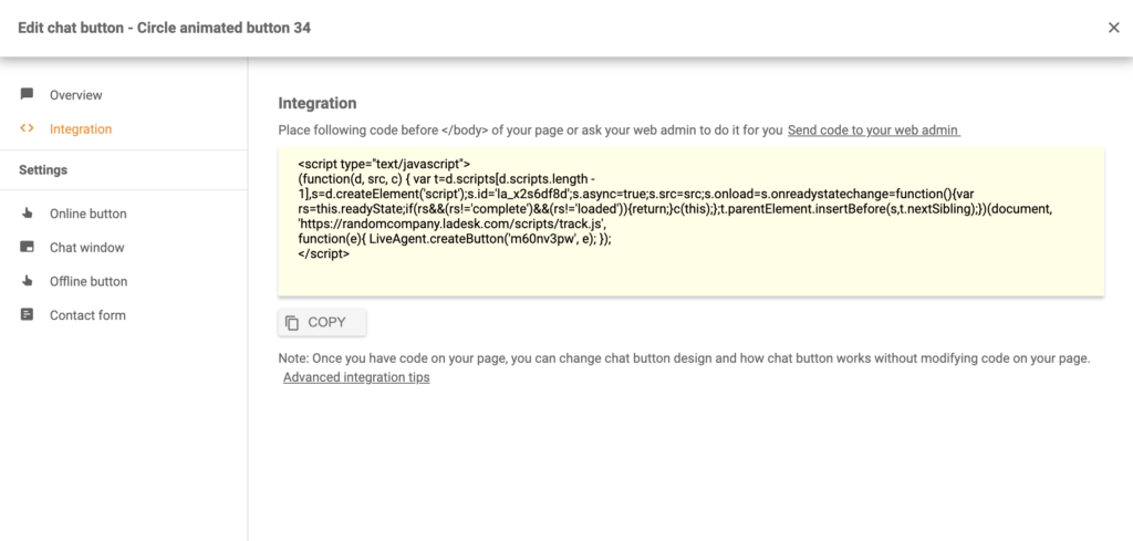 Chat-knappkode etter vellykket konfigurasjonen i LiveAgent