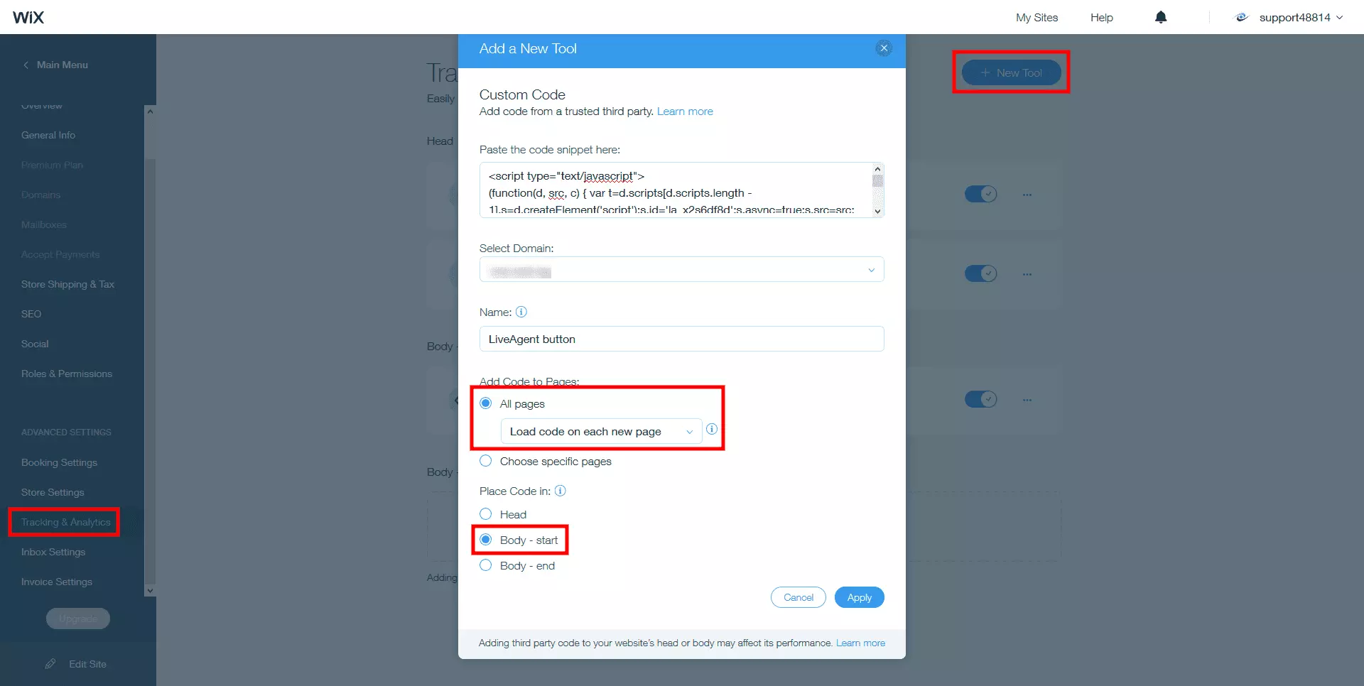 Plasser LiveAgent live chat-koden i Wix-nettstedets body