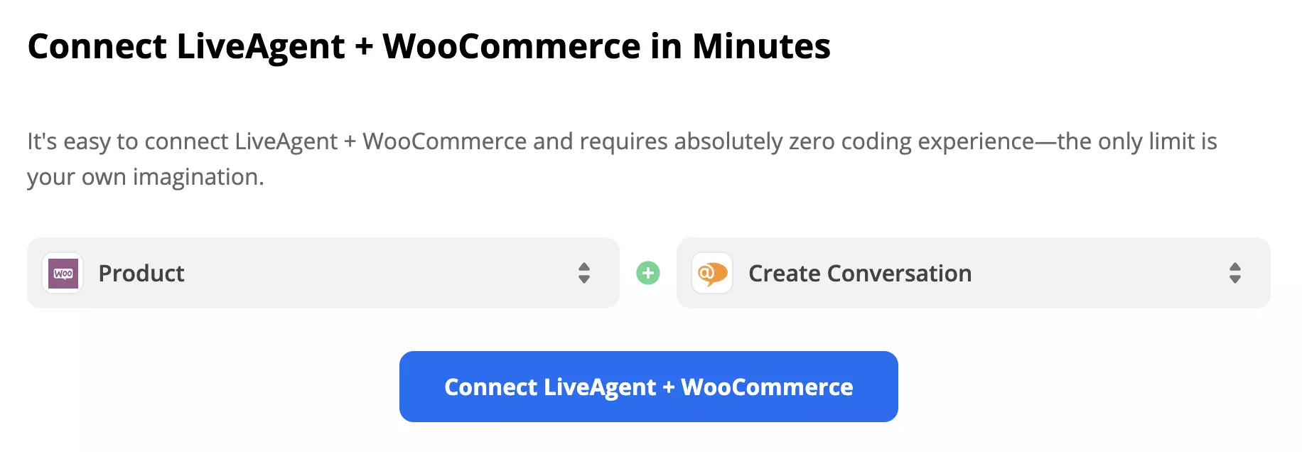 WooCommerce-utløser og LiveAgent-handling valgt på Zapier-integrasjonssiden
