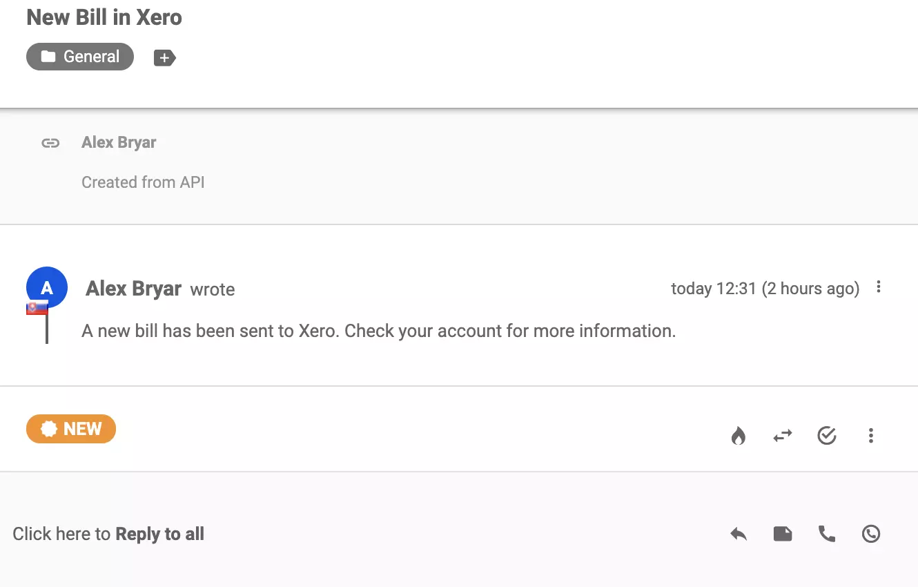 En ny samtale sendt til LiveAgent-billettesystemet etter vellykket integrasjon med Xero