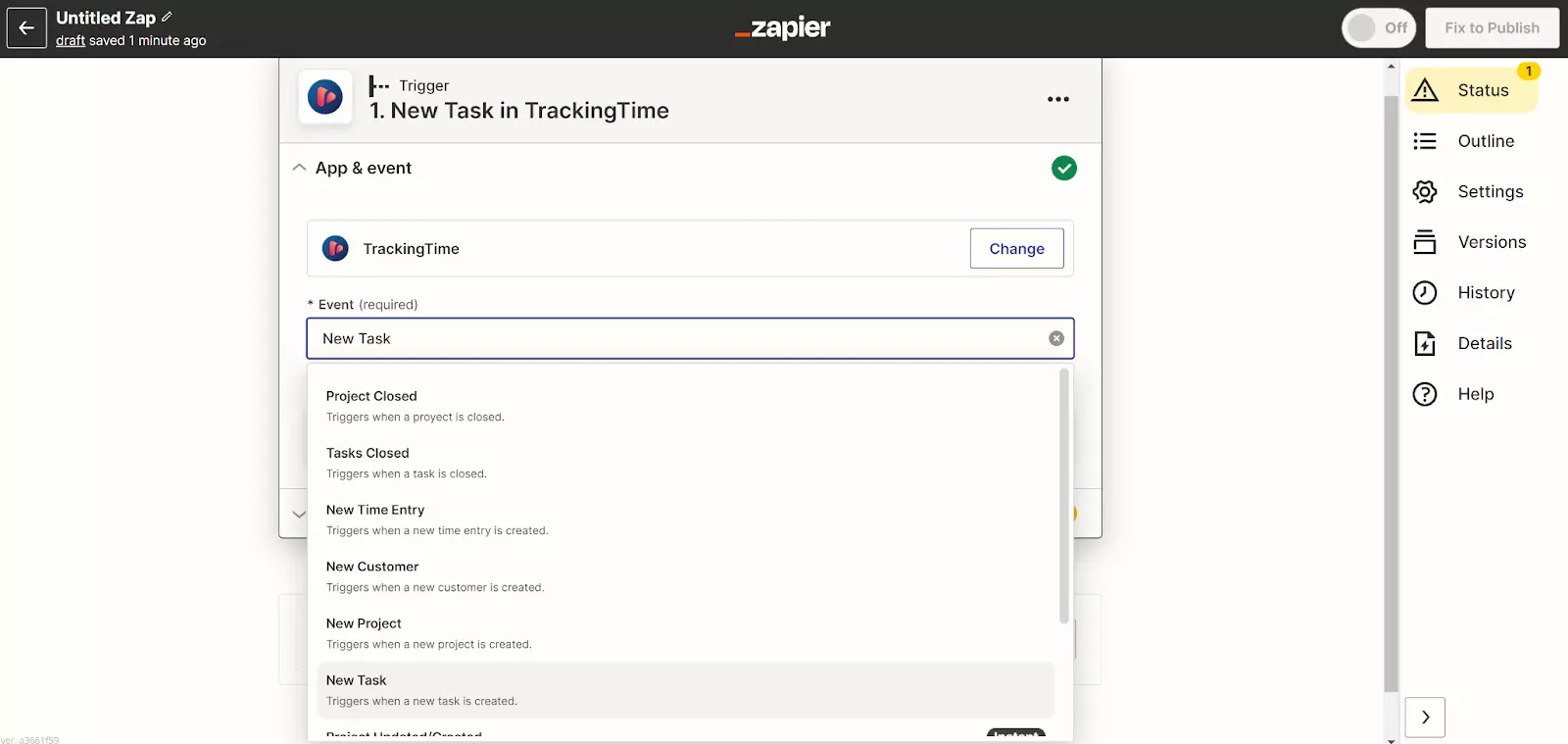 Zapier - ny oppgave i TrackingTime