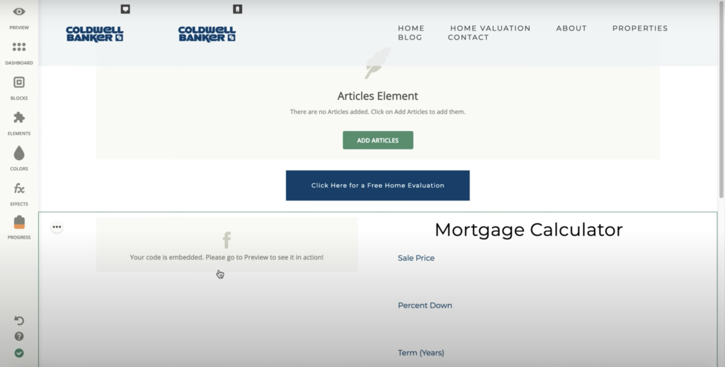 Zentap nettstedbygger med flere alternativer i venstre panel