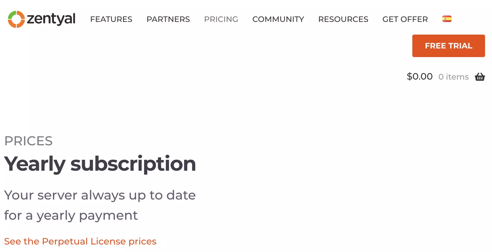 Zentyal betalte planer-seksjon på Zentyal-nettstedet