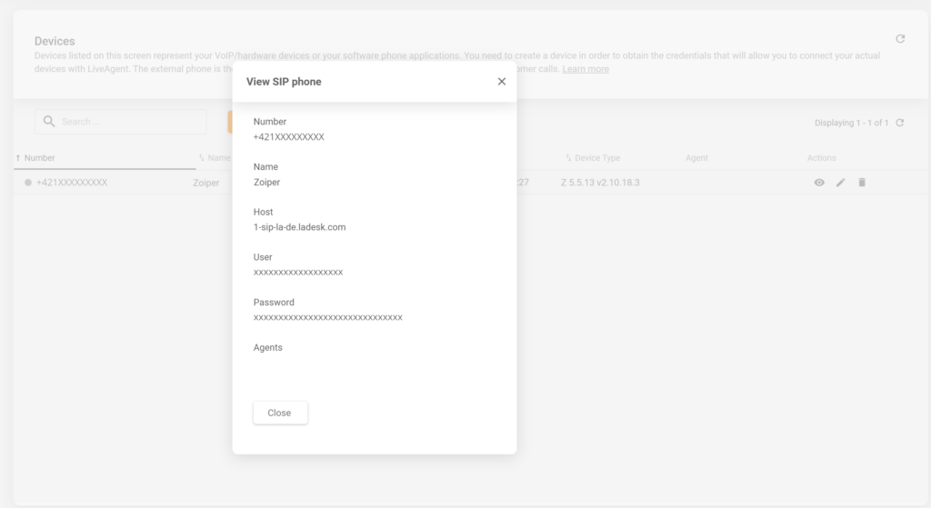 Et bilde som viser hvor du finner SIP-enhetdetaljer i LiveAgent