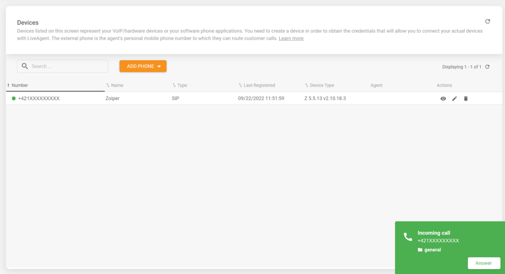 Et bilde som viser en innkommende samtale i en vellykket integrert Zoiper softphone med LiveAgent help desk-programvare