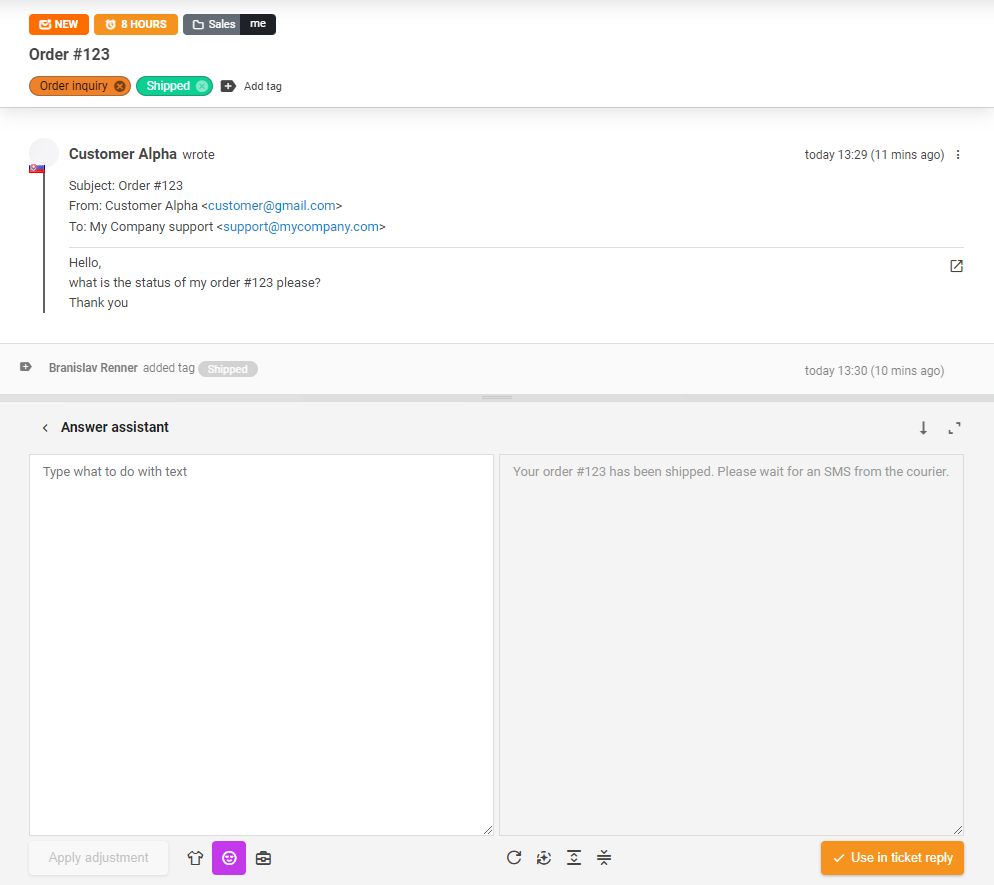 AI Answer Assistant-verktøy i bruk for et billettvar.
