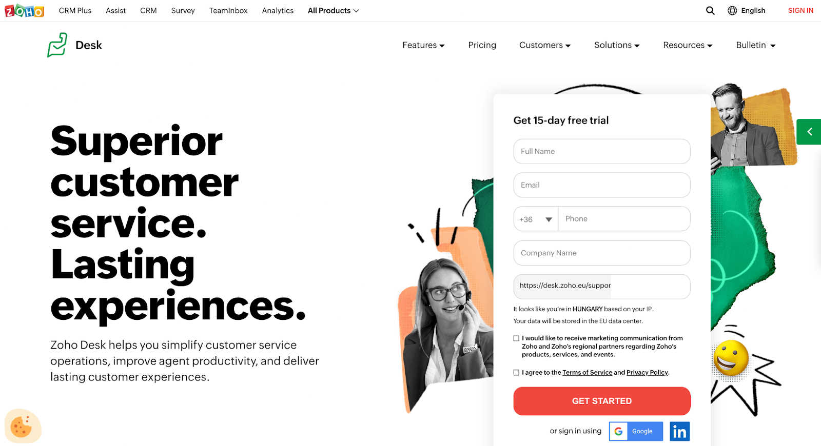 Layout av Zoho Desk-hjemmesiden som skisserer funksjonaliteten