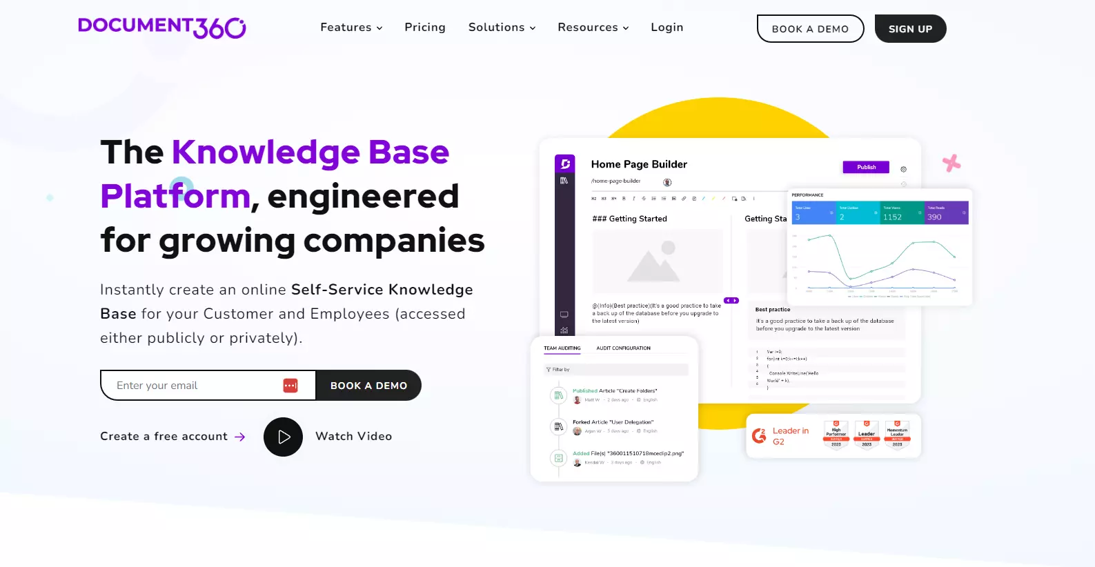 Snapshot av Document360-hjemmesiden med fokus på nøkkelfunksjoner